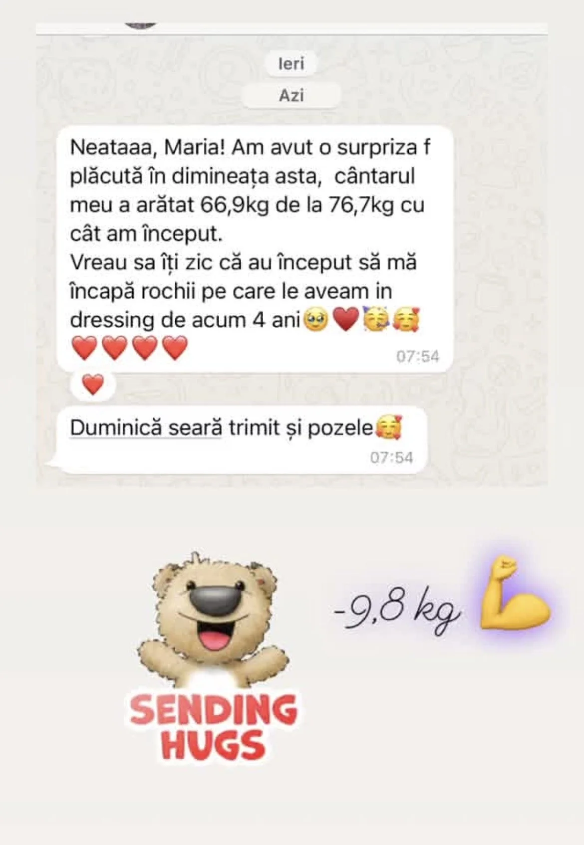 A screenshot of a WhatsApp conversation in Romanian about weight loss, accompanied by emojis, a bear hugging sticker, and weight loss stats showing a reduction of 9.8 kg with a flexed arm emoji.