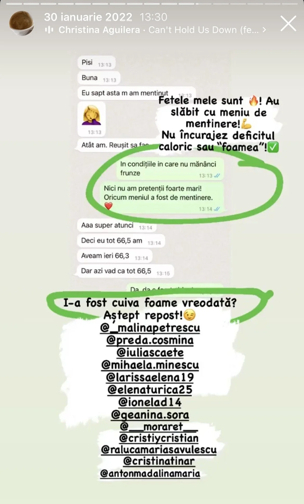 Screenshot of a WhatsApp group chat with messages in Romanian about dieting, with highlighted and circled motivational comments and a list of Instagram handles for reposting, along with a note about hunger and calorie intake.