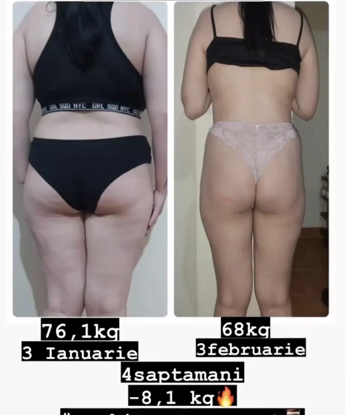 Side-by-side before and after photos of a woman showing weight loss progress. The left photo shows her before weight loss, wearing a black sports bra and black underwear, with a weight of 76.1 kg on January 3. The right photo shows her after weight l