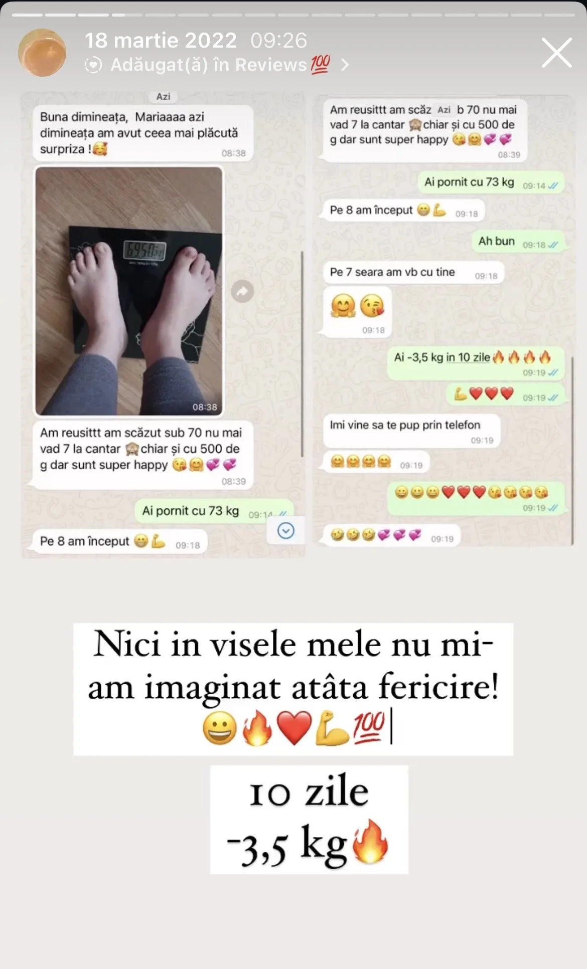 Screenshots of a WhatsApp conversation where a woman shares her weight loss progress, showing her weighing 69.5 kg, and discusses her achievements, including losing 3.5 kg in 10 days, with celebratory emojis mixed with texts.