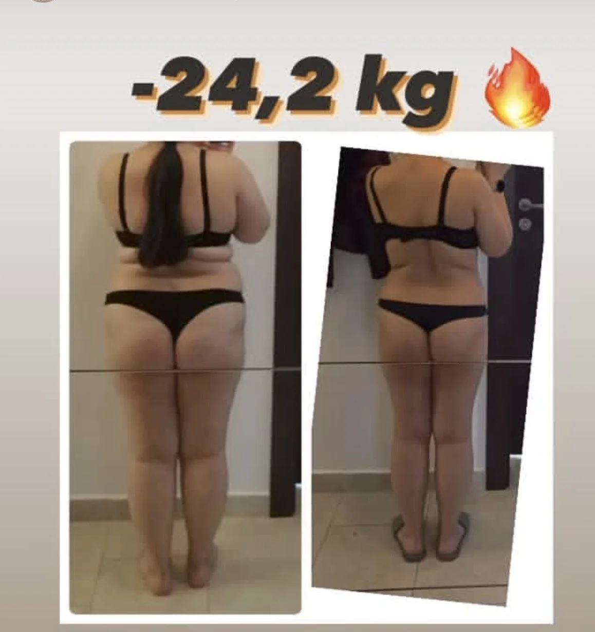 Side-by-side before and after photos of a woman showing weight loss, with a text overlay indicating a loss of 24.2 kilograms and a flame emoji.