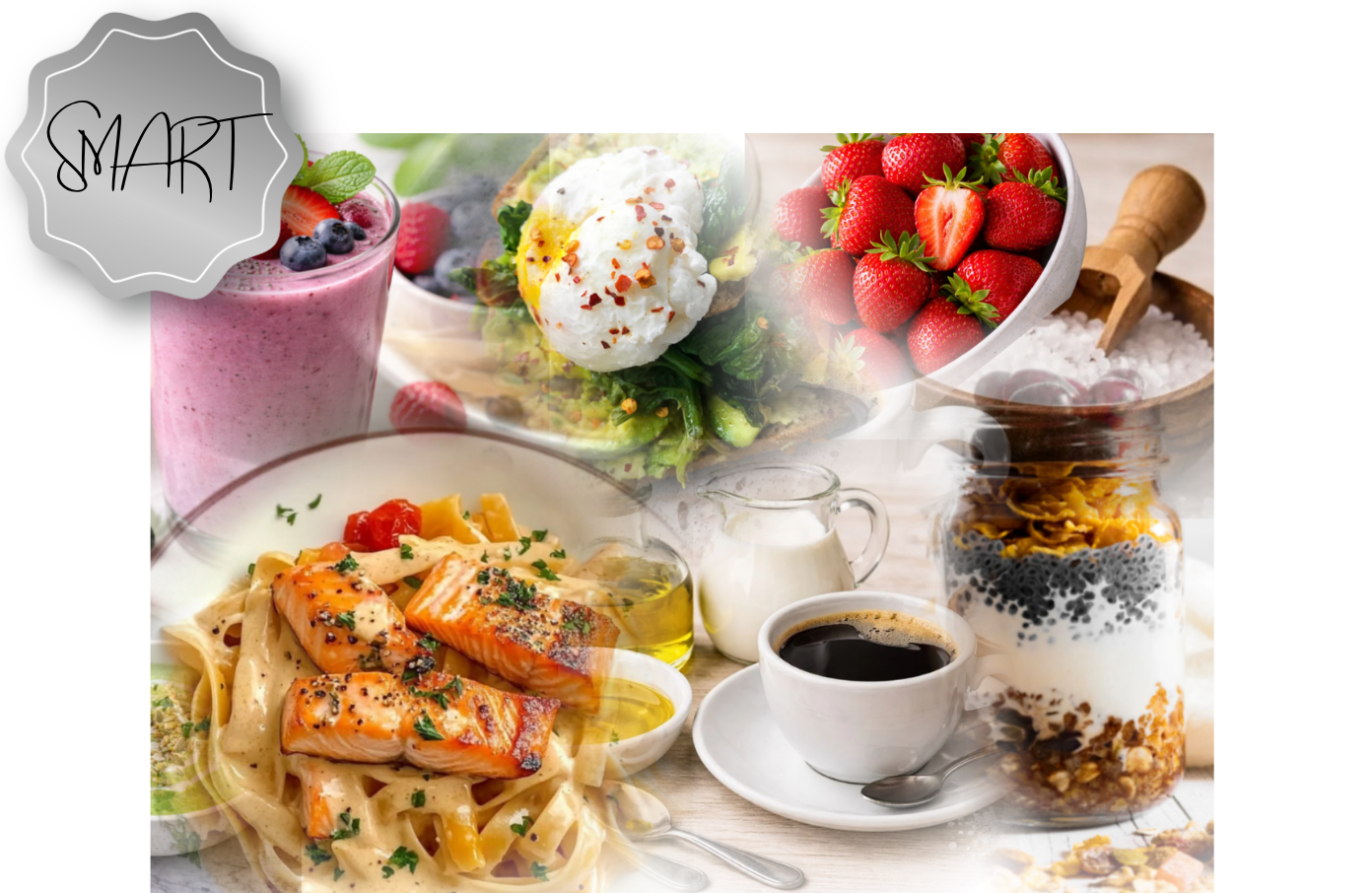 assortment of breakfast foods and drinks including a berry smoothie, avocado toast with poached egg, strawberries, a salmon pasta dish, coffee, and layered cereal with yogurt.