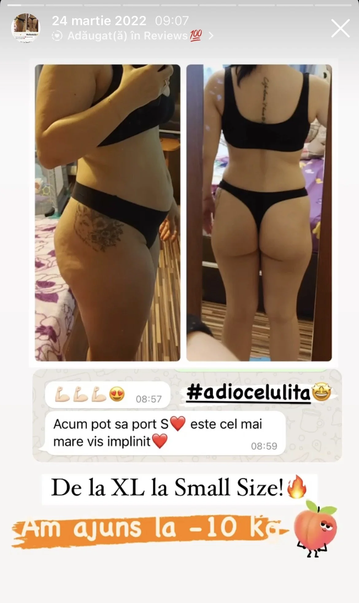 Before and after photos of a woman showing weight loss progress, wearing black underwear and top, with text promoting a weight loss program and discount offer.