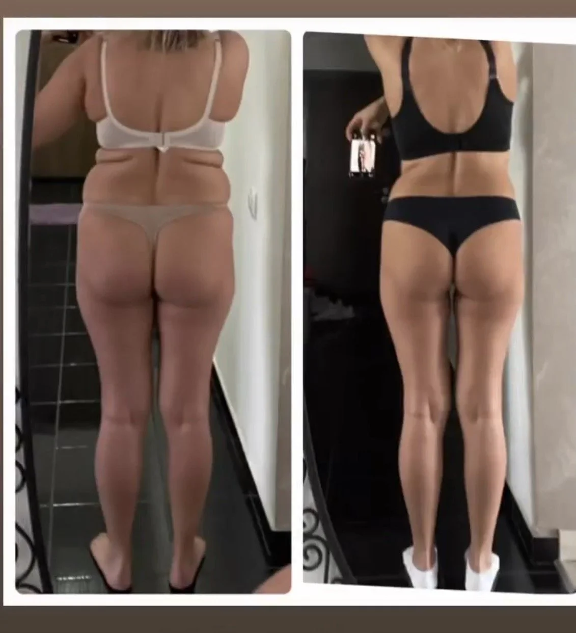 Comparison of a woman's back before and after body transformation, with the before on the left and after on the right, wearing different underwear in each photo.