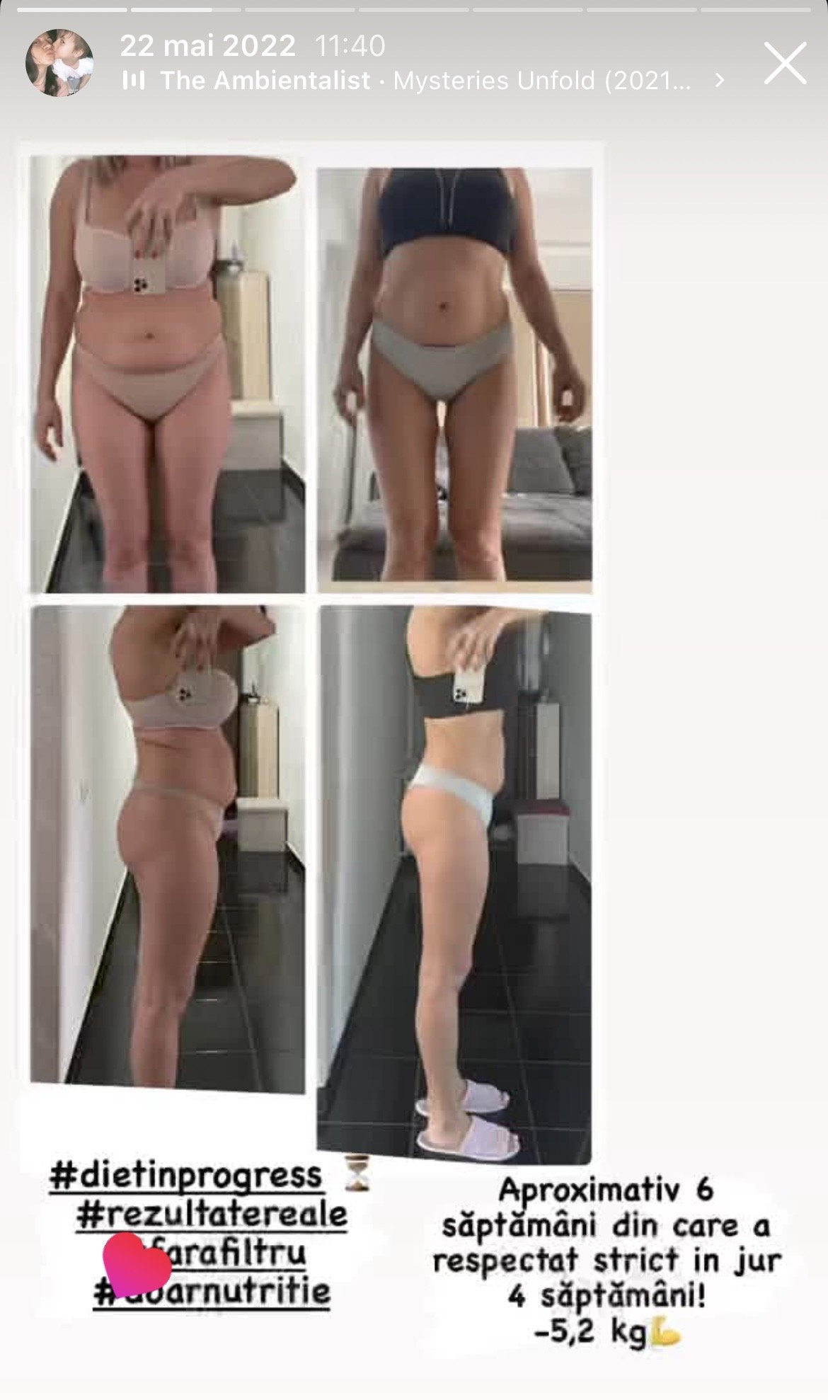 Side-by-side comparison of a woman's before and after weight loss progress over six weeks, showing abdominal and leg reduction.