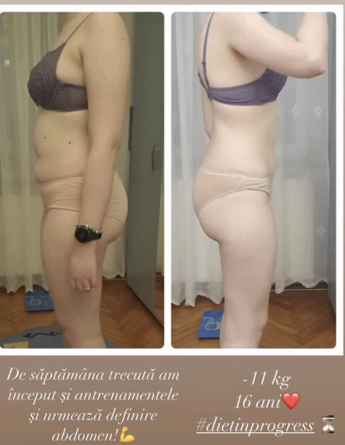 Side-by-side before and after photos of a woman showing weight loss progress, with text in Romanian about her journey, weight loss of 11 kg, age 16, and hashtag #dietinpprogress.