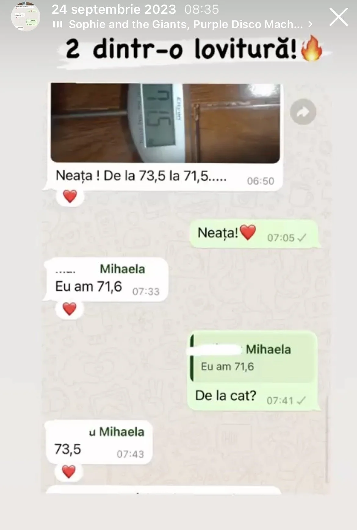 WhatsApp chat screenshot showing a conversation about weight change. The first message includes a photo of a digital scale displaying 71.5 kg with a note that the weight decreased from 73.5 kg. The conversation continues with messages mentioning weig
