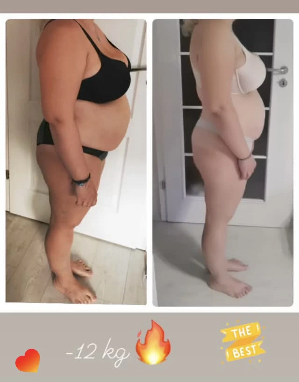 Side-by-side photos showing weight loss transformation; woman before and after losing 12 kg. The left photo shows her with more body weight, and the right photo shows her slimmer. Text with emojis indicating weight loss and positivity.