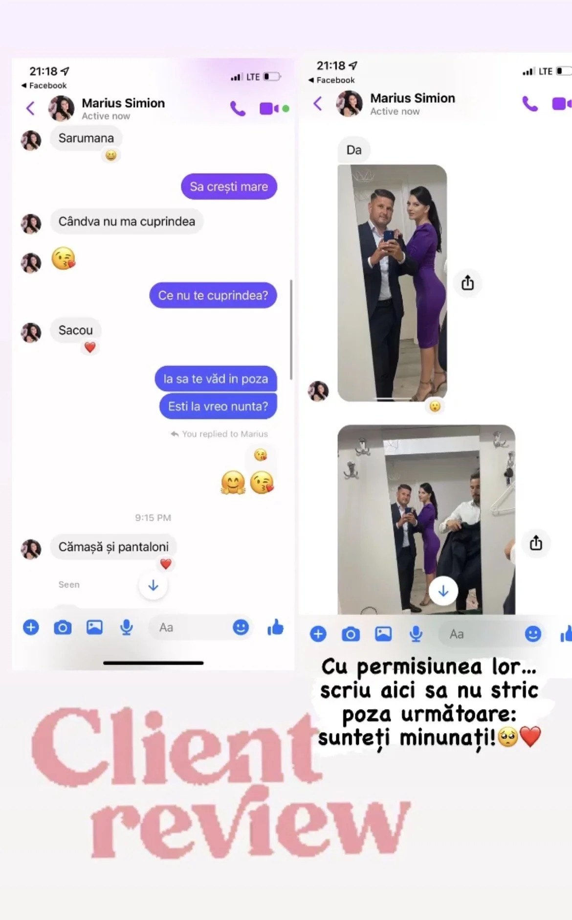 Screenshots of a Facebook messenger conversation with photos of a couple in formal attire, showing selfies for wedding preparations, with some Romanian text and comments, and overlay text indicating a client review.