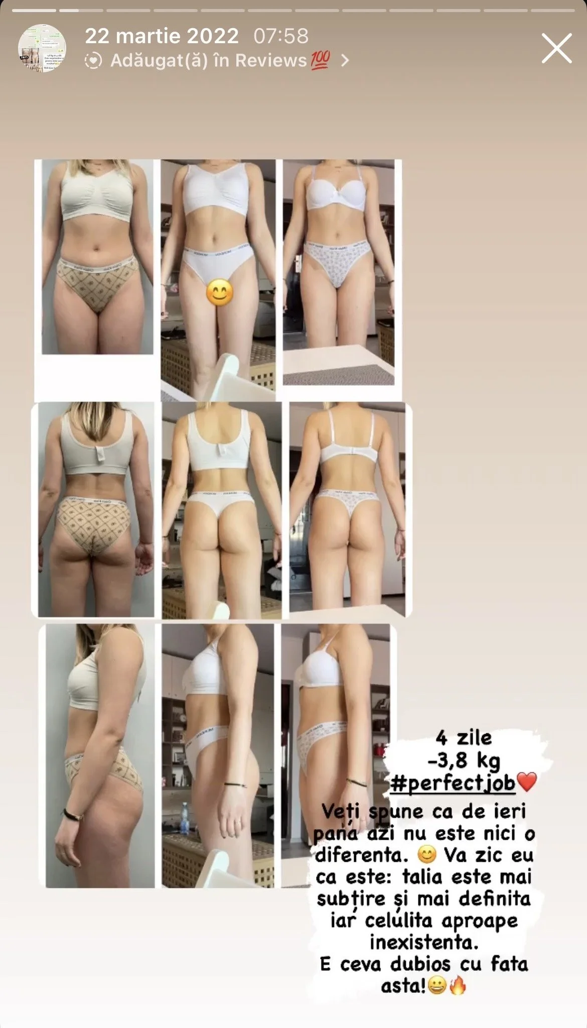 Before and after photos of a woman showing weight loss progress over four days, with text in Romanian discussing weight and body changes.