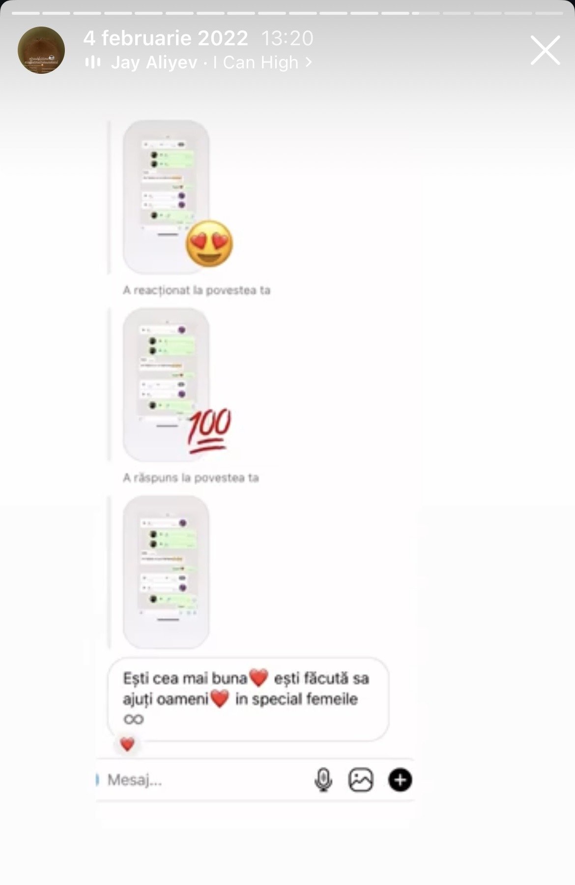 Screenshots of a WhatsApp conversation with messages and emojis, including a heart-eyes emoji, 100 emoji, and a message in Romanian praising women, surrounded by a white background.