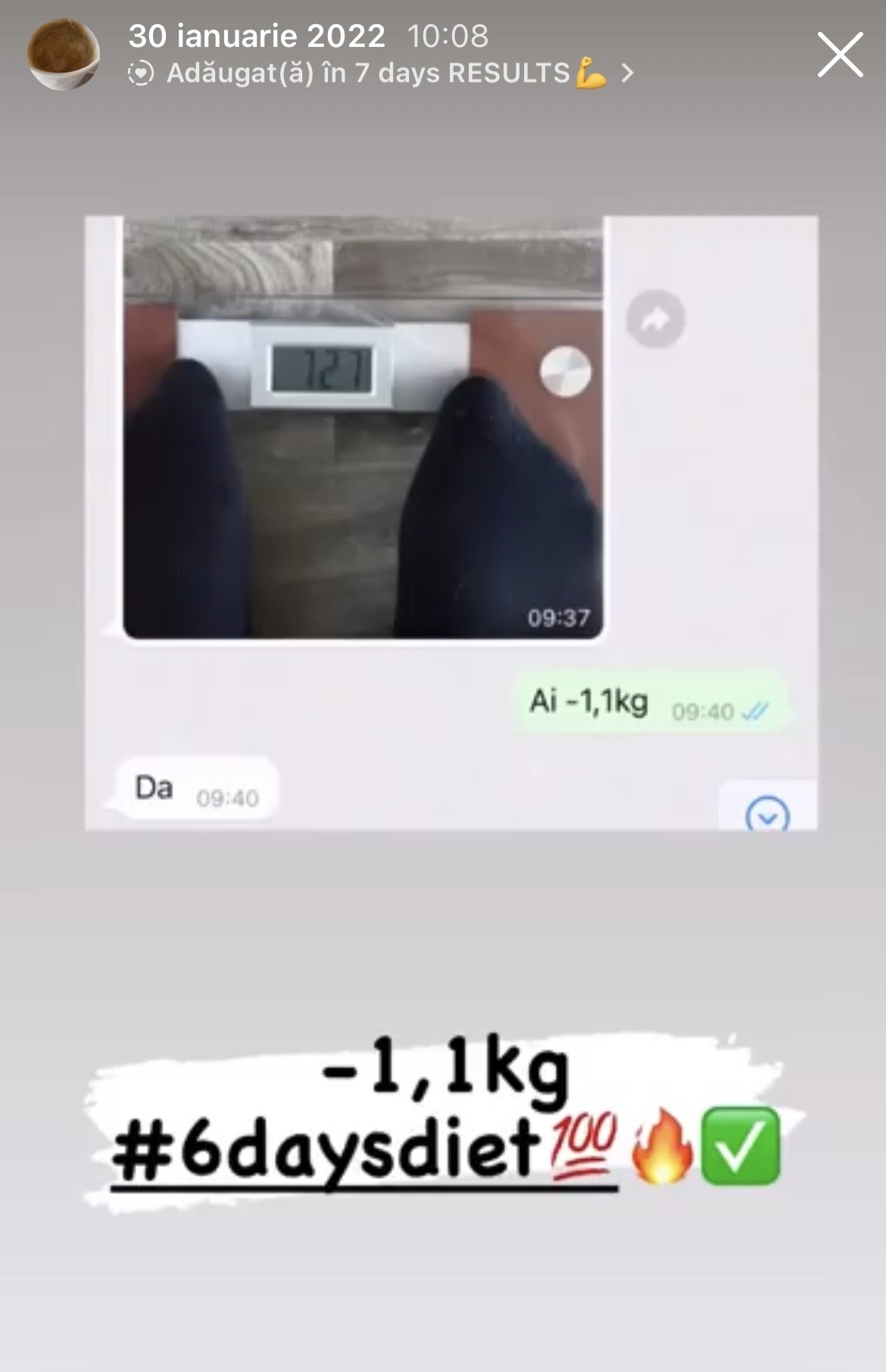 A screenshot of a WhatsApp conversation with a photo of a person's feet on a digital scale showing 127 pounds, and a message indicating a weight loss of 1.1 kg, with hashtags and emojis celebrating a six-day diet progress.