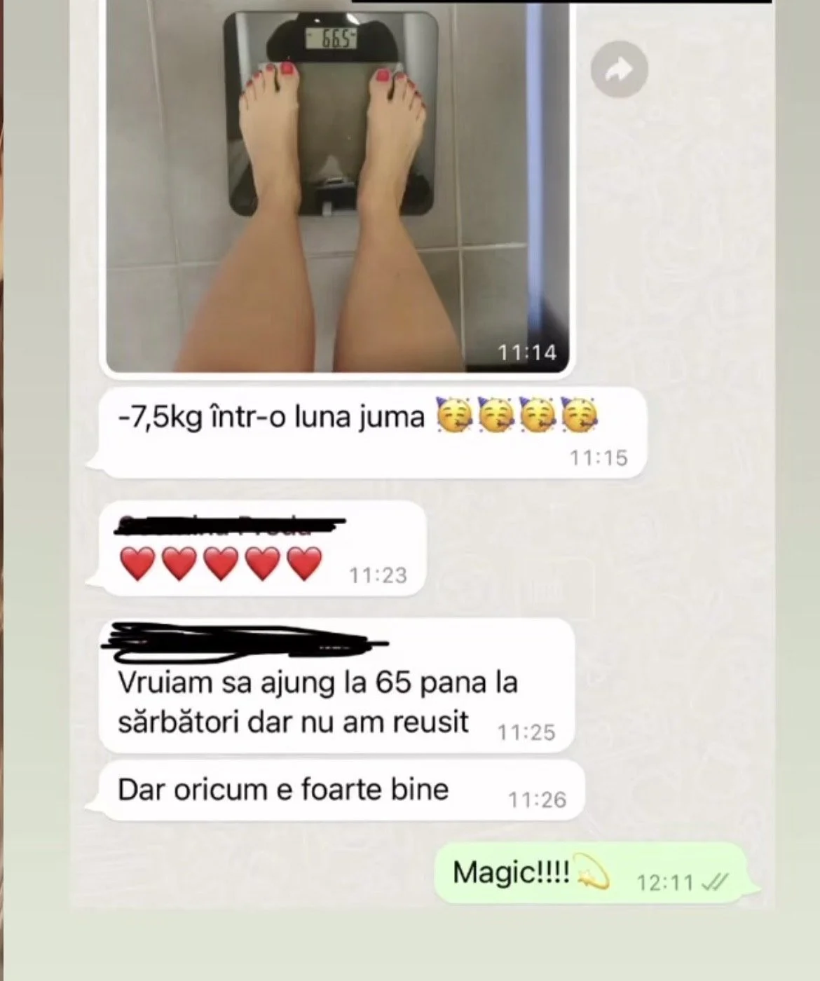 A person standing on a digital scale shows a weight of 66.5 kg. The person has red-painted toenails and is taking a photo of their feet on the scale.