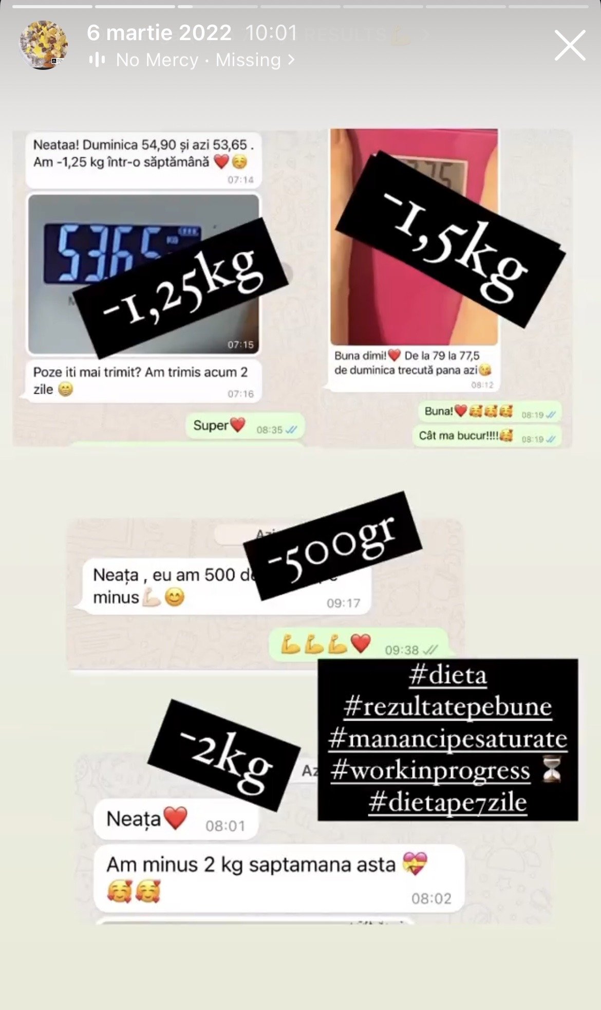 Screenshots of a WhatsApp chat documenting weight loss progress, showing digital weight measurements and comments about weight loss achievements. Black stickers indicate weight changes, such as -1.25kg, -1.5kg, -500gr, and -2kg.