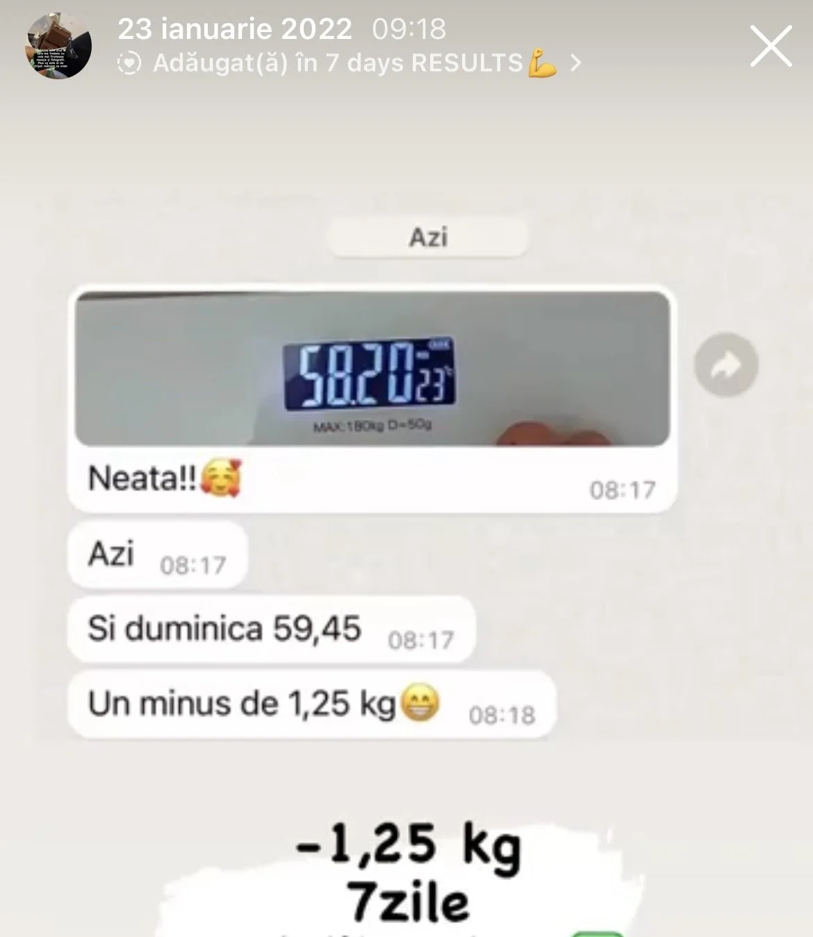 A digital weight scale displaying a weight of 58.20 kg. A WhatsApp chat showing a woman named 'Azi' congratulating herself on her weight loss progress, with messages from January 23, 2022, indicating she lost 1.25 kg since Sunday.