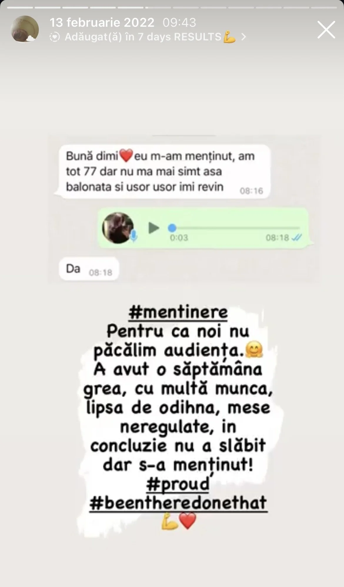 Screenshot of a WhatsApp conversation in Romanian, featuring a voice message, a photo icon, and a motivational message about perseverance and pride.