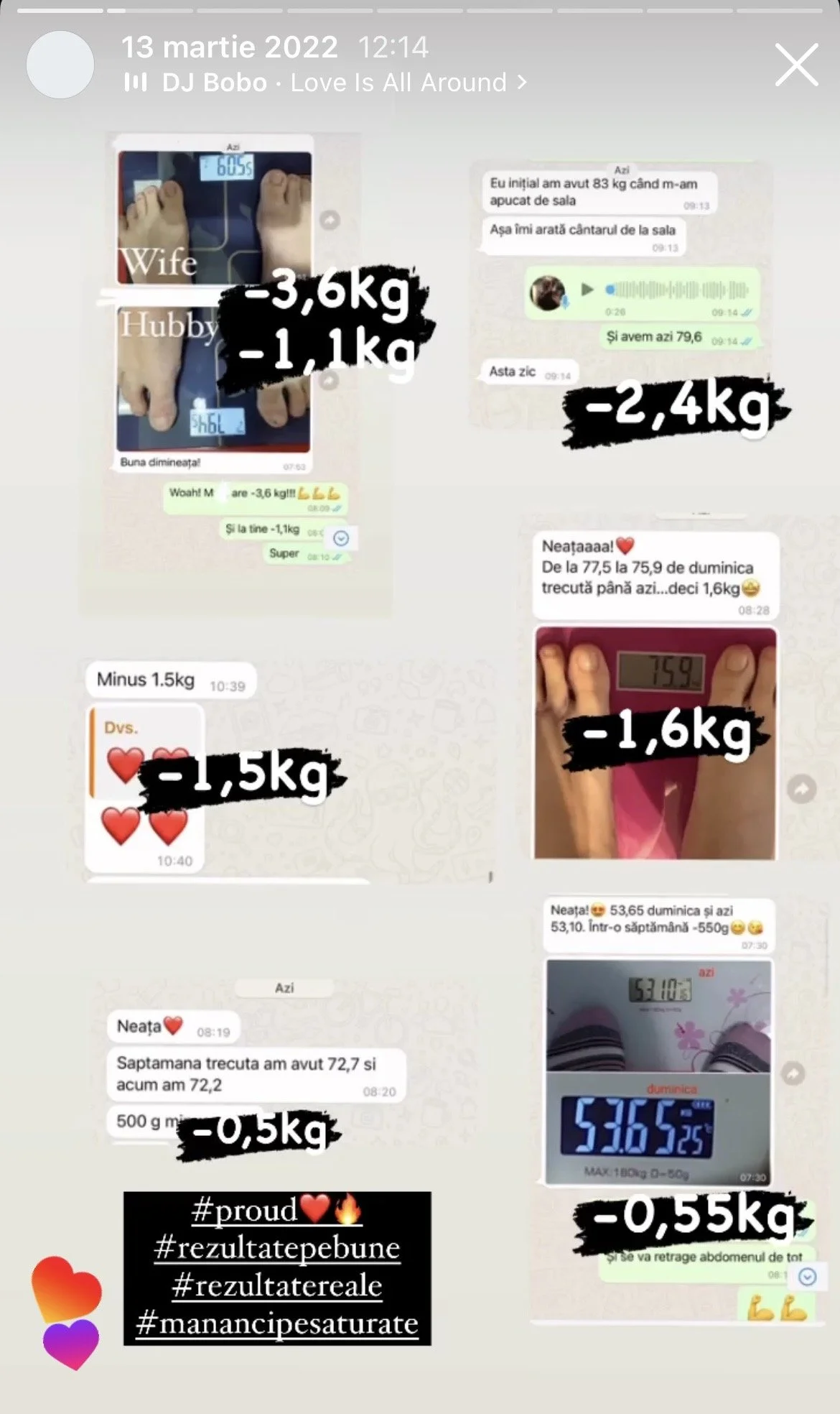 Screenshots of weight loss progress, showing weight measurements, with annotations indicating weight lost in various weigh-ins, alongside messages and photos of a person weighing themselves and scale readings.