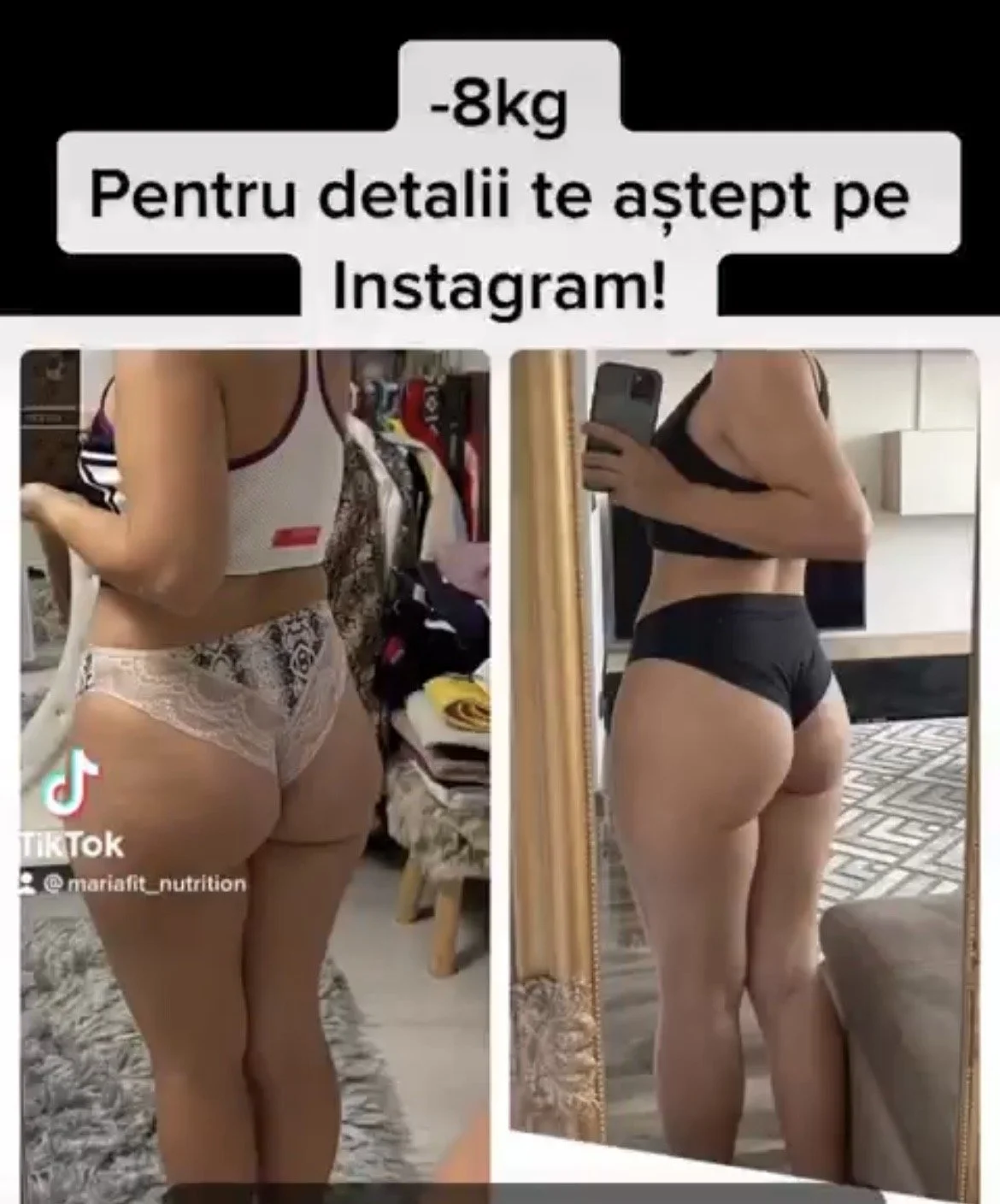 Side-by-side mirror selfies of a woman in underwear, showing before and after weight loss, with a text overlay in Romanian promoting an 8kg weight loss and encouraging viewers to follow on Instagram.