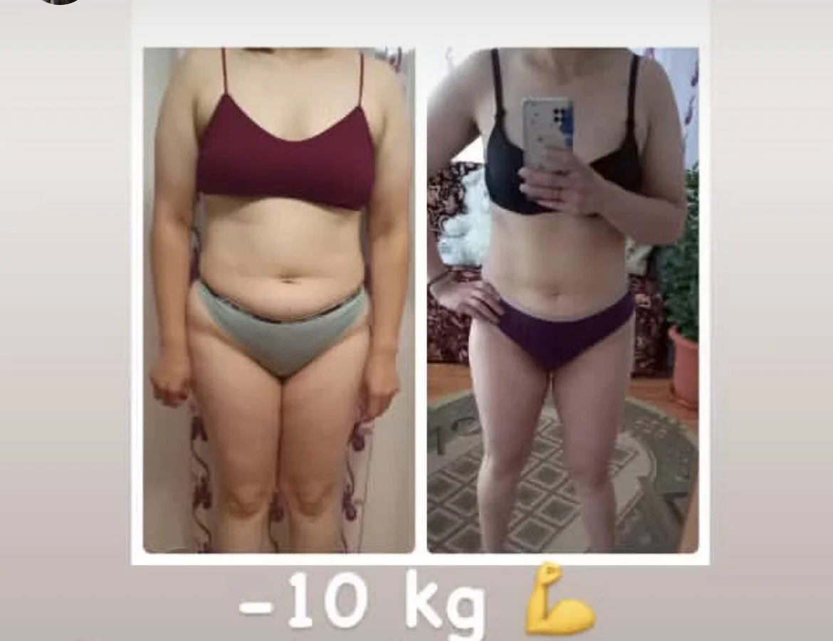 Side-by-side before and after photos of a woman showing weight loss, with the caption '-10 kg' and an arm flexing emoji.