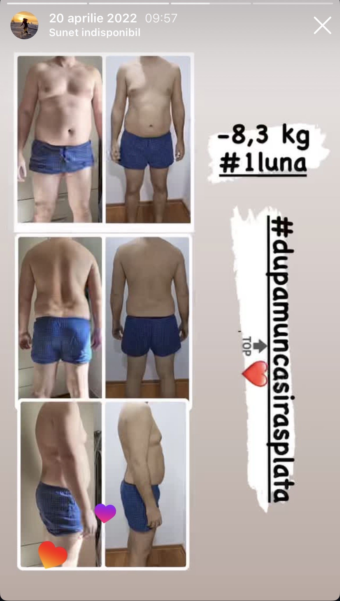 Before and after photos of a man showing weight loss progress, with text indicating a weight loss of 8.3 kg, dated April 20, 2022, at 9:57 AM.