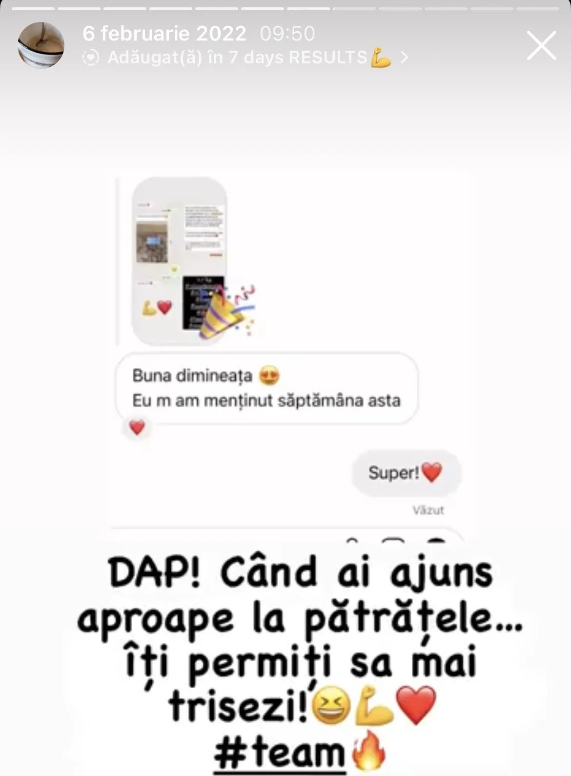 Screenshot of a chat conversation in Romanian with messages, emojis, and a small photo, celebrating progress and motivation in a fitness journey.