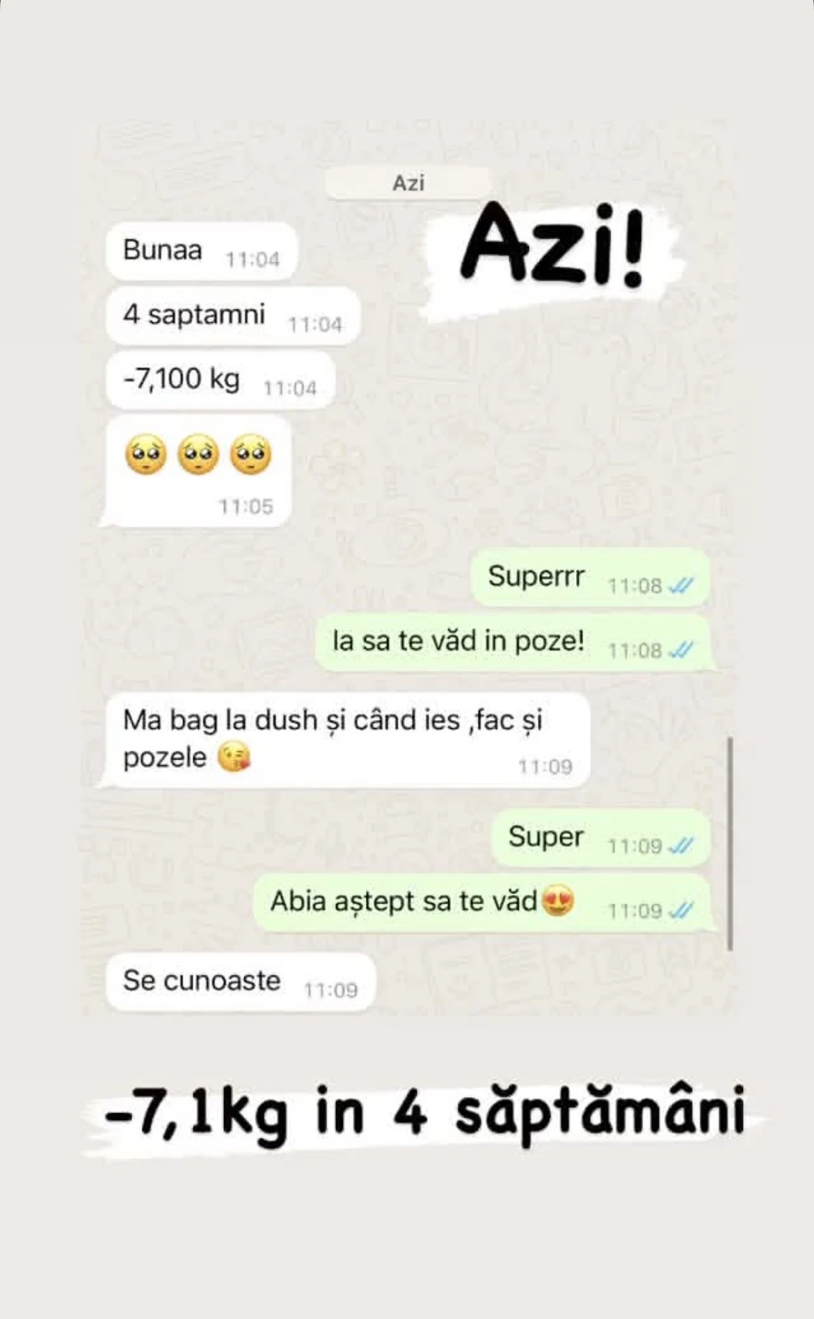 WhatsApp chat screenshot showing a conversation about losing 7.1 kilograms in 4 weeks, with a person congratulating 'Azi' and discussing their weight loss progress.