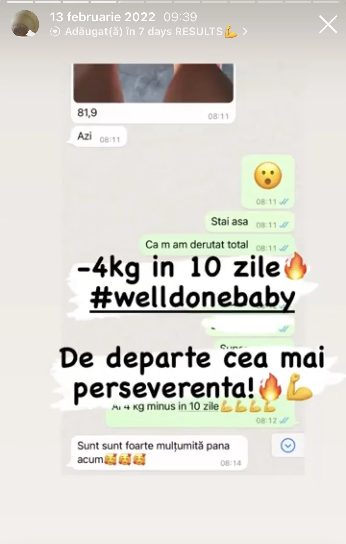 Screenshot of a WhatsApp chat showing a weight loss progress, with a photo of a person's legs, weight of 81.9 kg, and messages celebrating losing about 4 kg in 10 days.