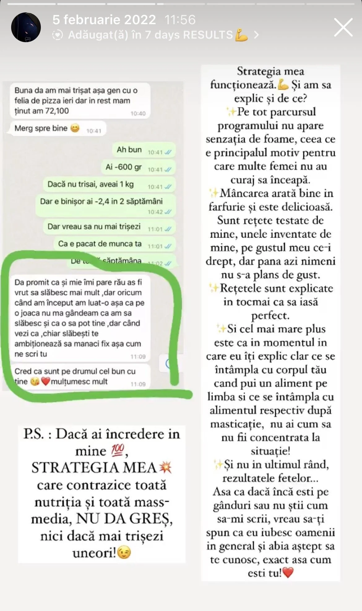 Screenshot of a message exchange and a motivational text about a diet plan. The messages show weight loss progress, with comments about reducing food intake and keeping motivated. The right side has a text explaining a personal diet strategy, emphasi