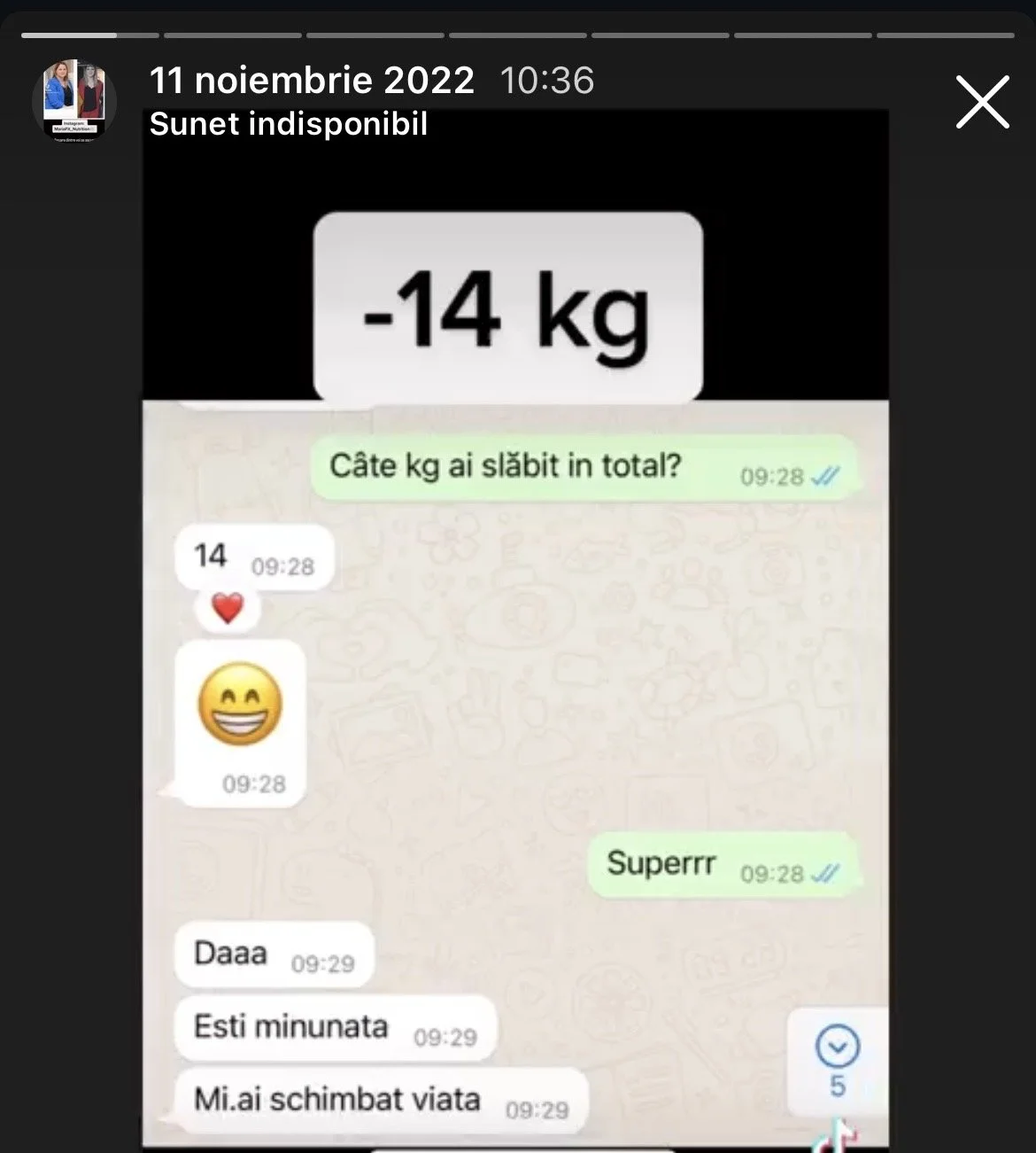 WhatsApp chat screenshot showing a conversation about losing 14 kilograms, with emojis and a message in a different language.