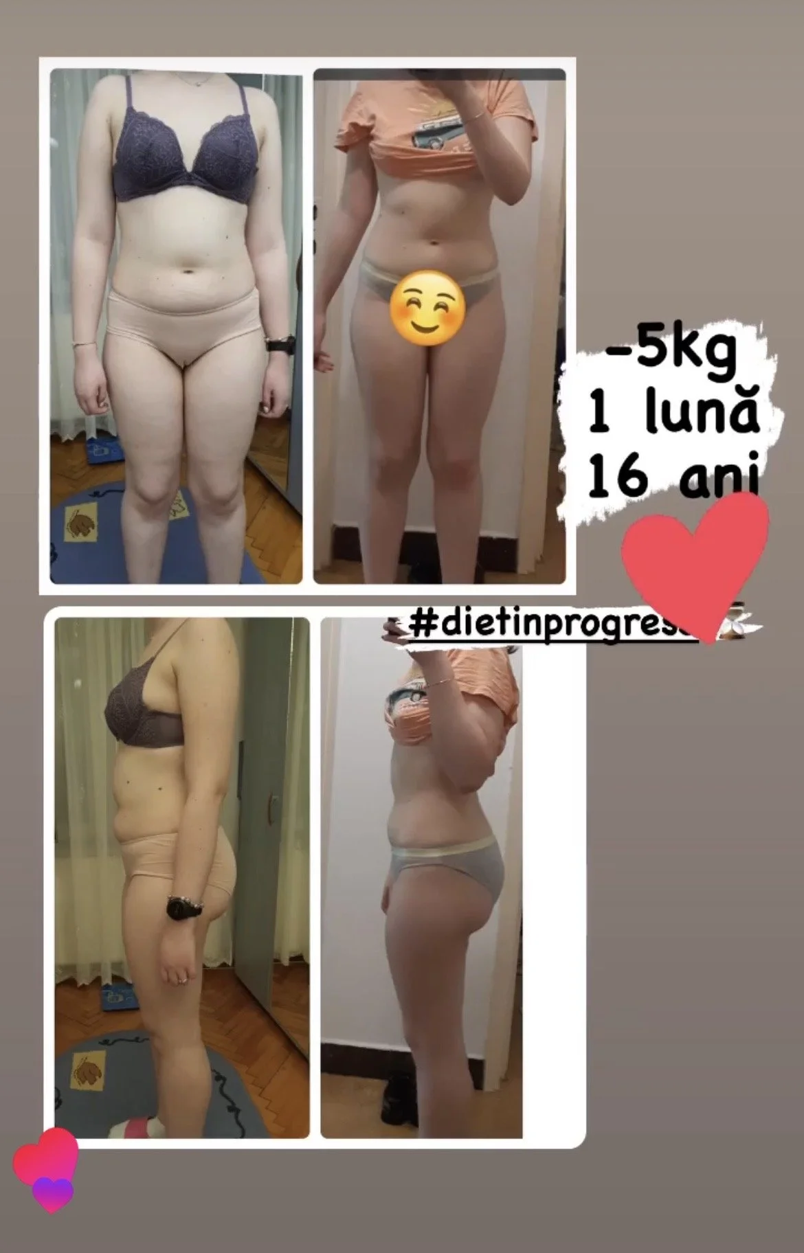 Side-by-side before and after photos of a young woman, showing her weight loss progress of 5 kilograms over one month, with captions in Romanian, including the hashtag #dietinprogres.