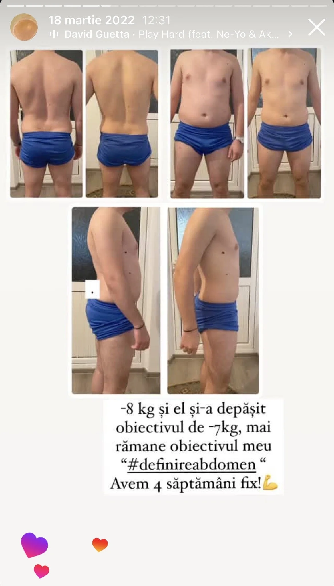Before and after photos of a man's weight loss journey, showing his back and side profiles. Text in Romanian explains he lost 8 kg, exceeded his goal of 7 kg, and now has a more defined abdomen after 4 weeks.