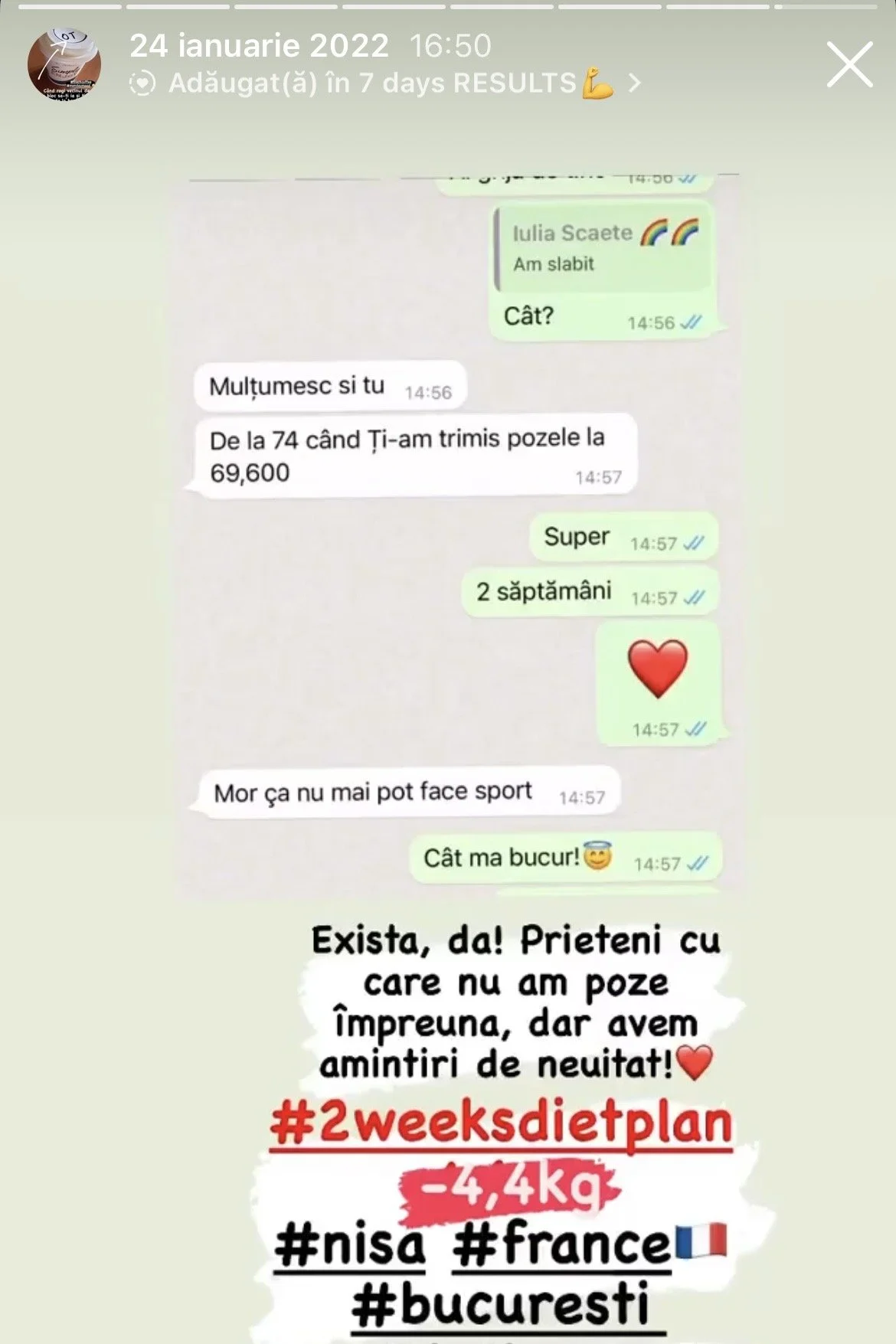 Chat conversation in Romanian discussing progress on weight loss, highlighting a 4.4 kg loss over two weeks with hashtags about the plan and locations.