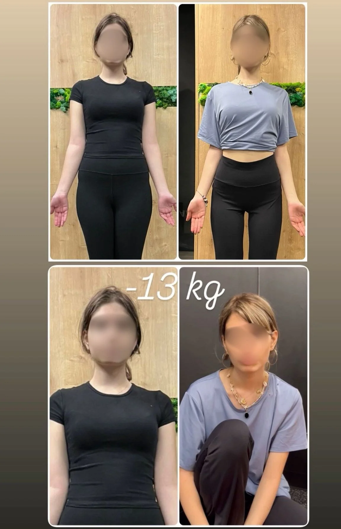 Before and after photos showing a woman on the left wearing a black top and black pants, and on the right wearing a blue top and black pants, with a weight loss of 13 kilograms indicated.