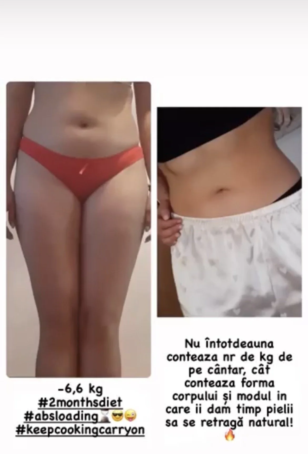 Comparison of a woman's legs before and after weight loss of 6.6 kg over two months, with a caption in Romanian about body shape and skin elasticity.