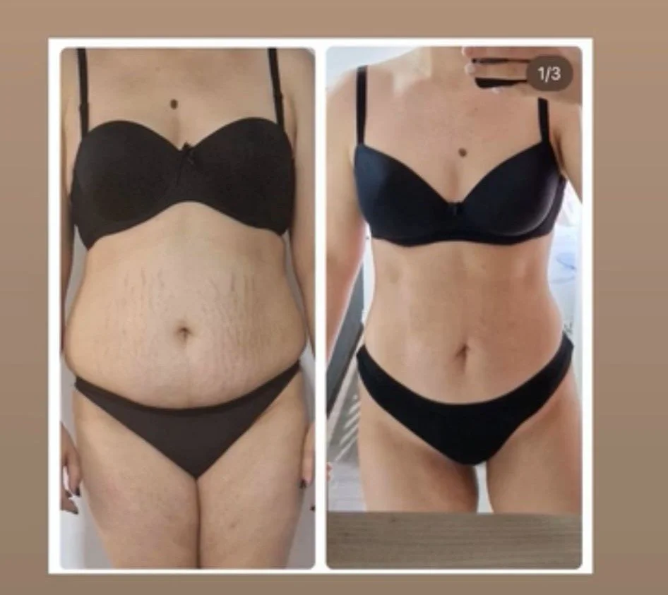 Side-by-side comparison of a woman's torso before and after weight loss or body transformation, with the left showing a larger waist and the right showing a slimmer waist.