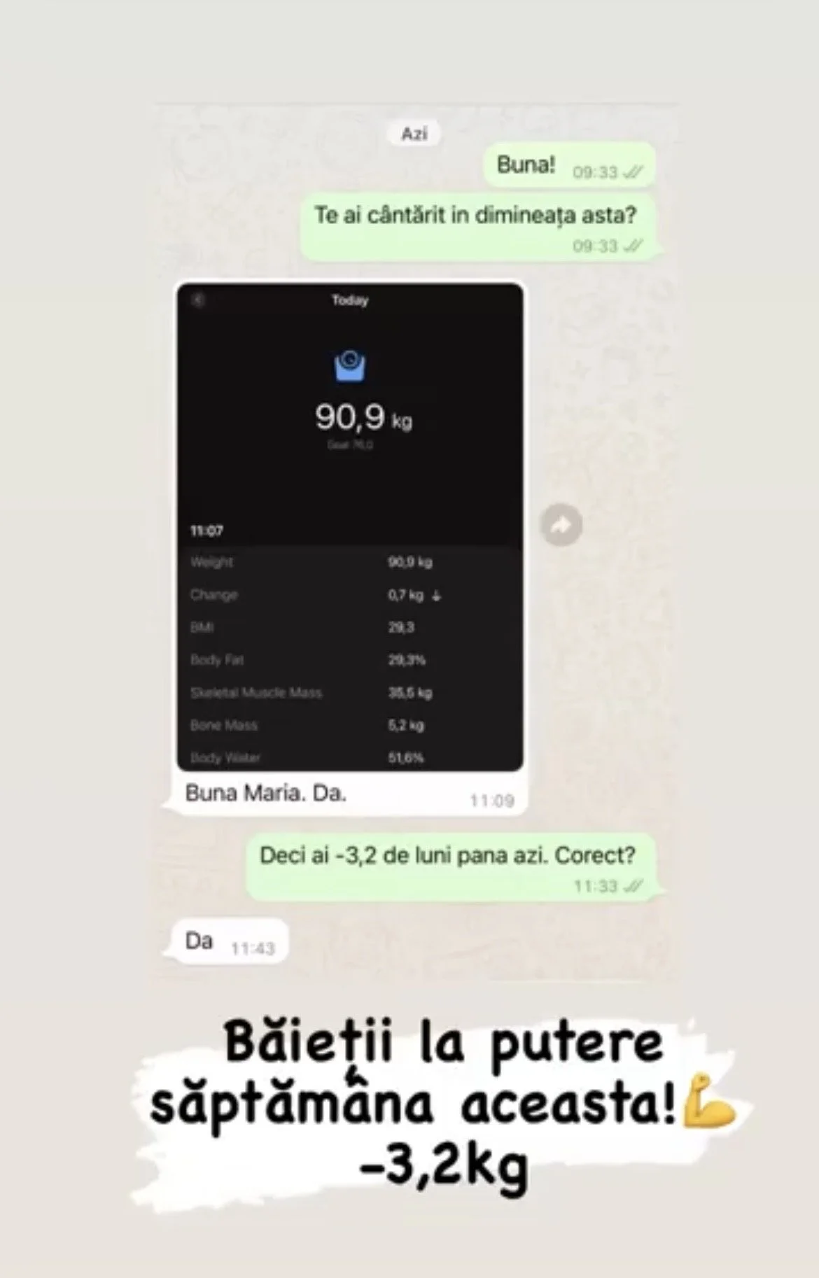 Screenshot of a WhatsApp chat showing a weight loss progress. The message indicates a weight of 90.9 kg, with a note about a -3.2 kg change over a week. The image includes a motivational message in Romanian: 'Băieți la putere săptămâna aceasta! -3,2k