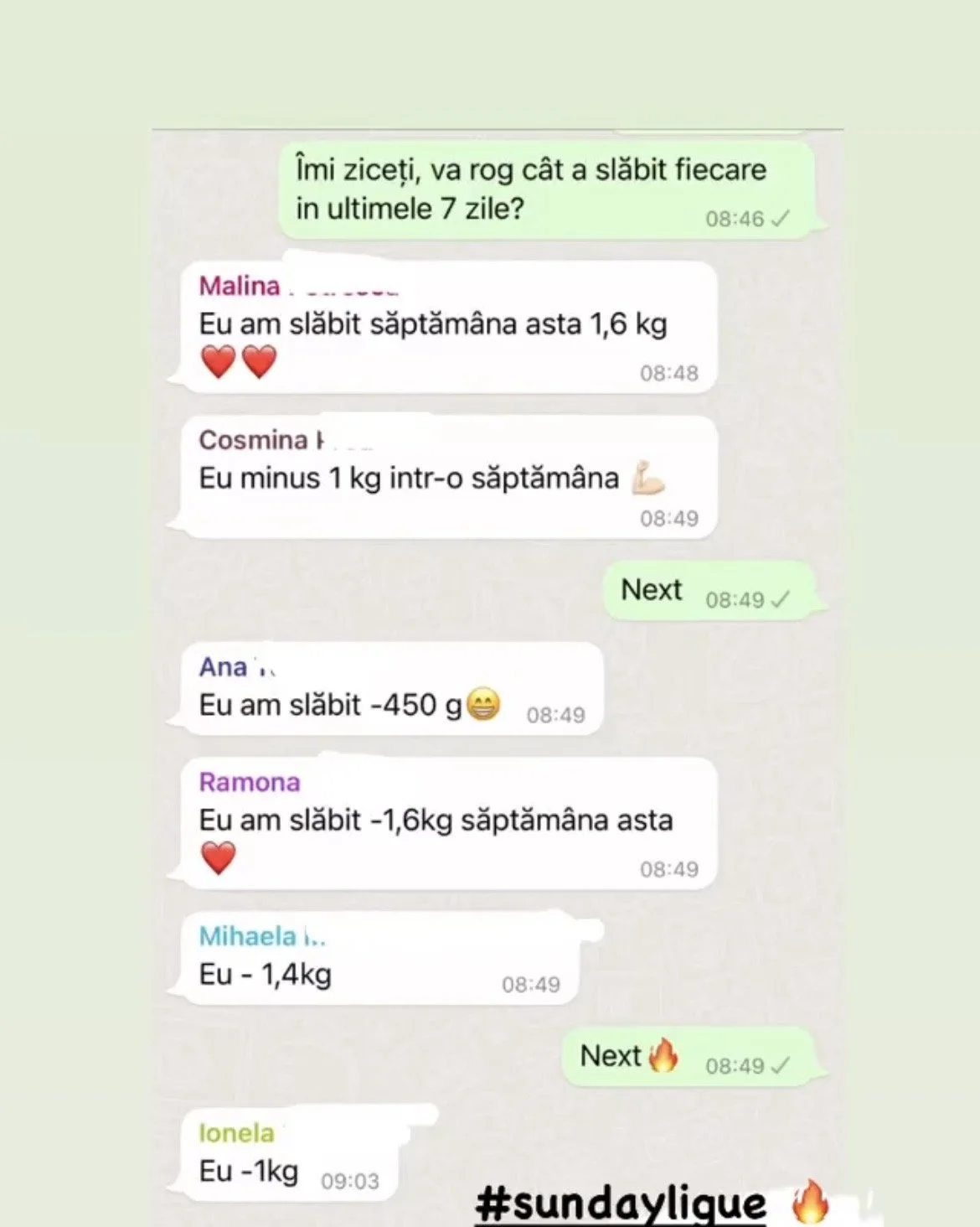 WhatsApp chat conversation in Romanian about weight loss progress over the past seven days, multiple people sharing their weight loss in kilograms.