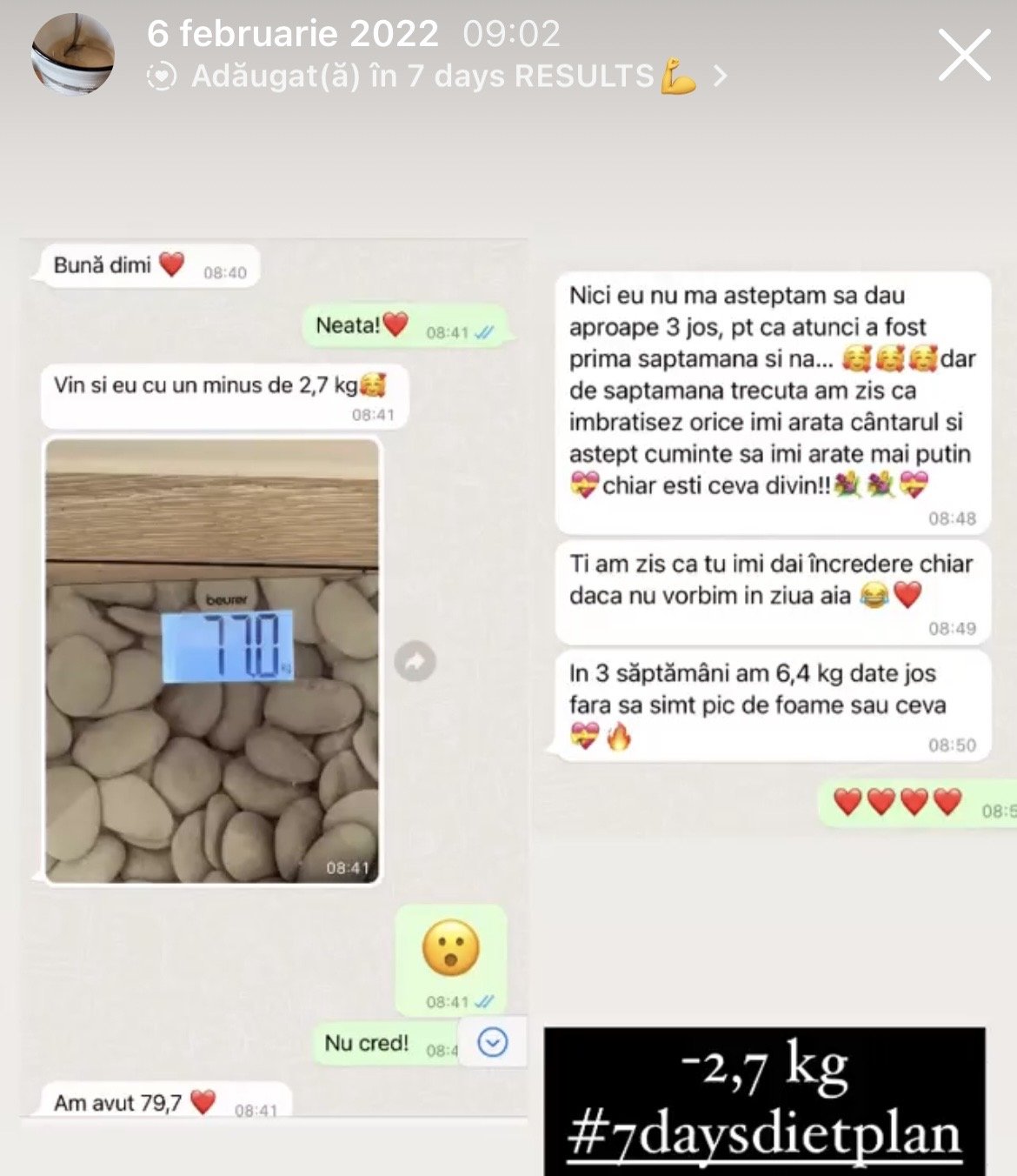 Screenshot of a messaging chat showing weight loss progress, including a photo of a scale, a screen displaying 77.0 kilograms, and text messages discussing the results and diet plan.
