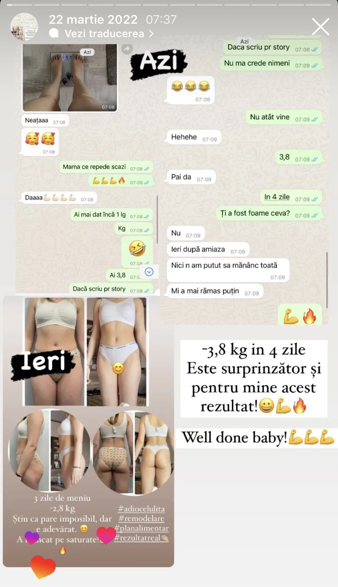 WhatsApp chat showing before and after photos of a woman’s waist and hips, along with text describing losing 3.8 kg in 4 days, with supportive messages and hashtags about body transformation.