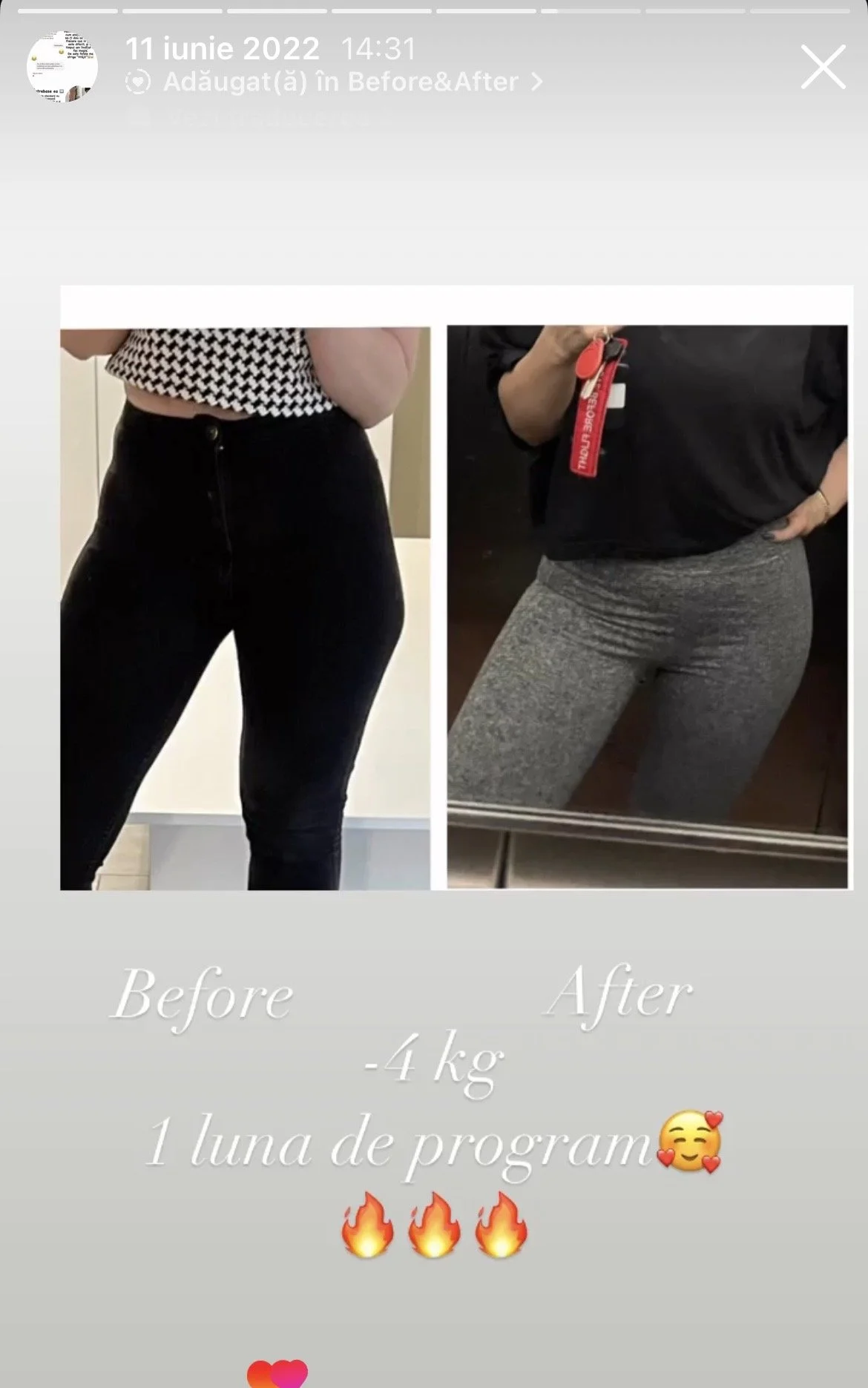 Side-by-side before and after photos of a woman showing weight loss, with text indicating a 4 kg weight loss after following a program, with emojis.