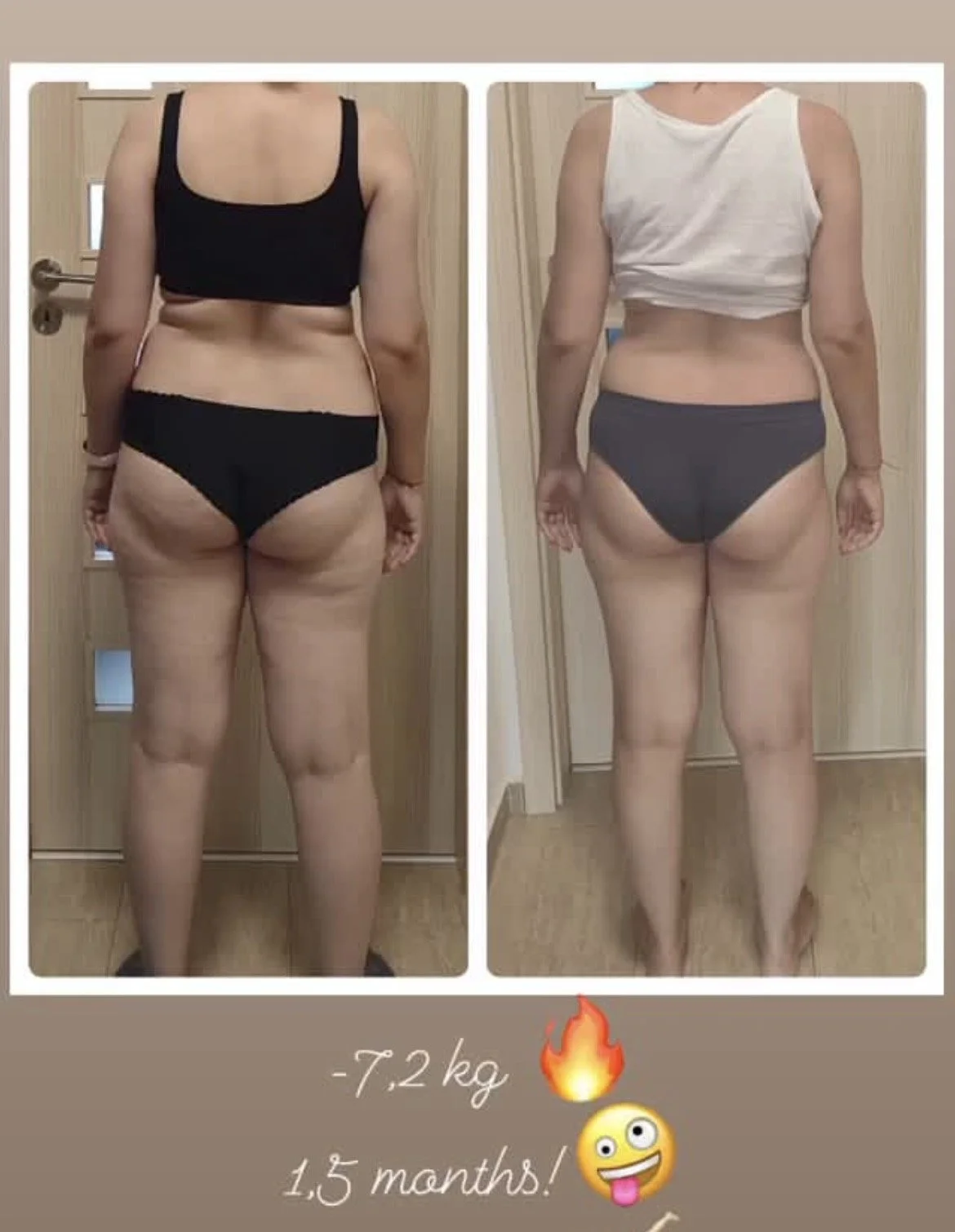 Side-by-side comparison of a woman's back before and after weight loss, with noticeable reduction in body size, claiming a loss of 7.2 kg in 1.5 months.