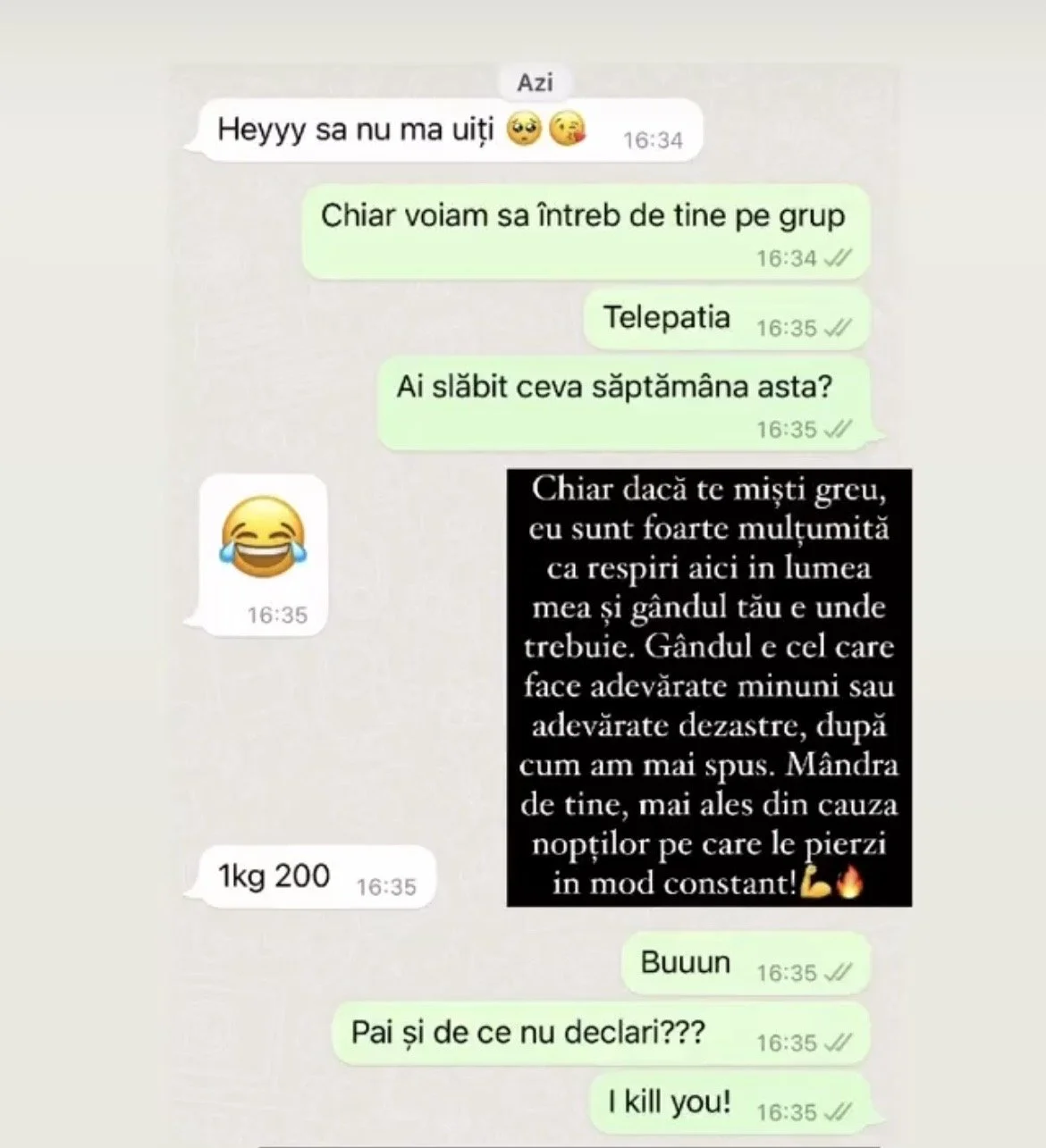 WhatsApp chat conversation in Romanian discussing weight loss and health, with emojis and a humorous message.