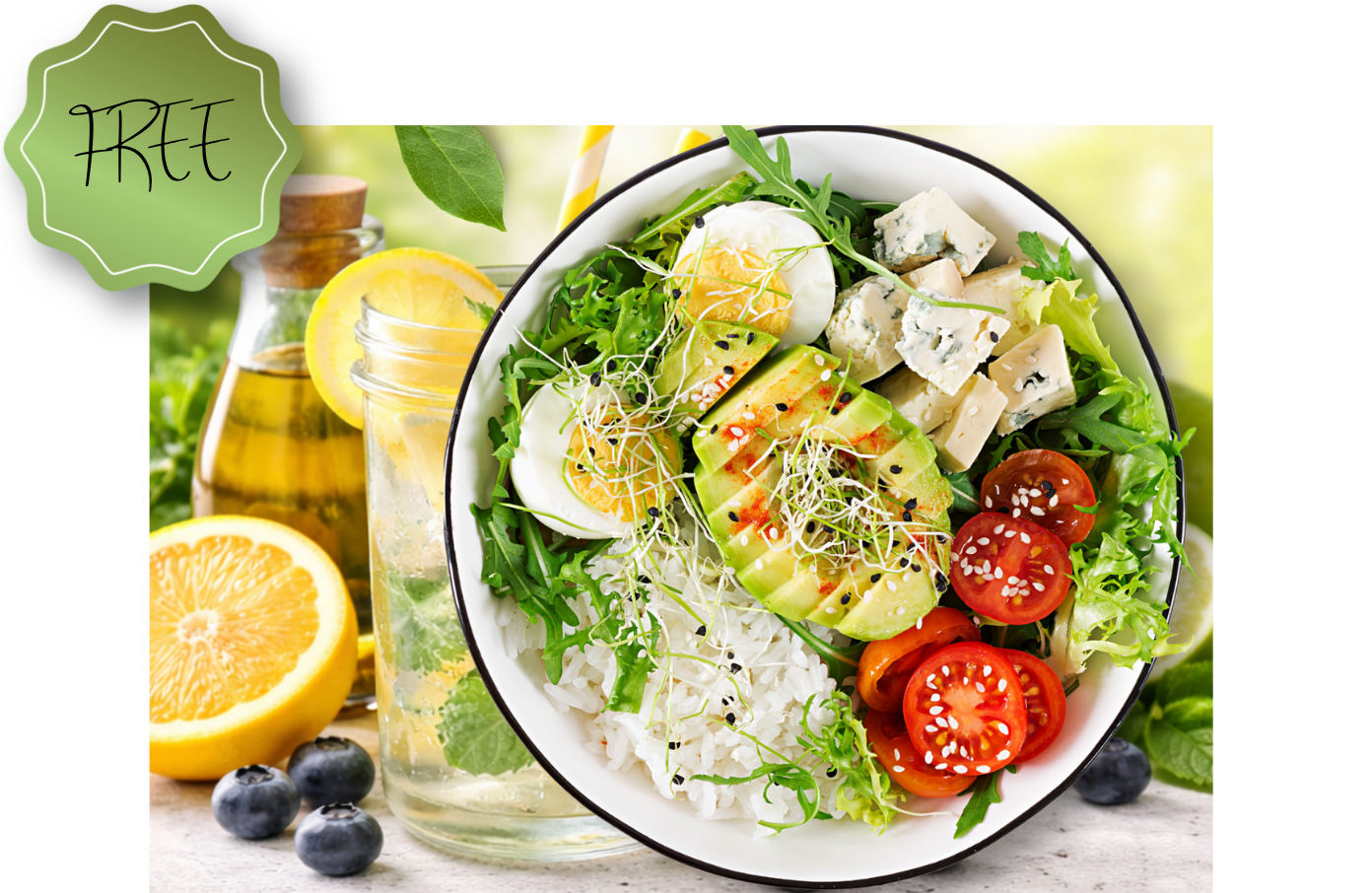Healthy balanced meal with vegetables, avocado, egg, and rice, ideal for a weight loss nutrition plan