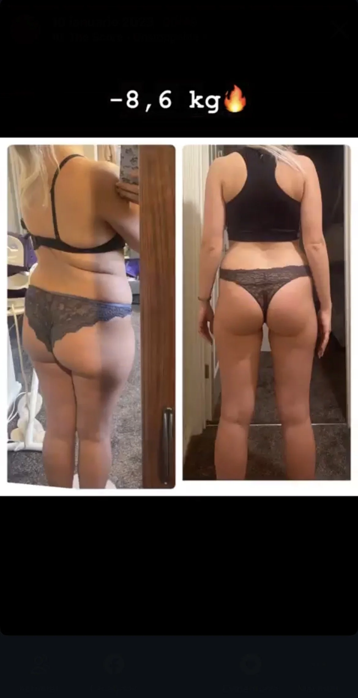 Side-by-side photos of a woman showing body transformation, with a visible weight loss of 8.6 kilograms, before and after in underwear and a tank top.
