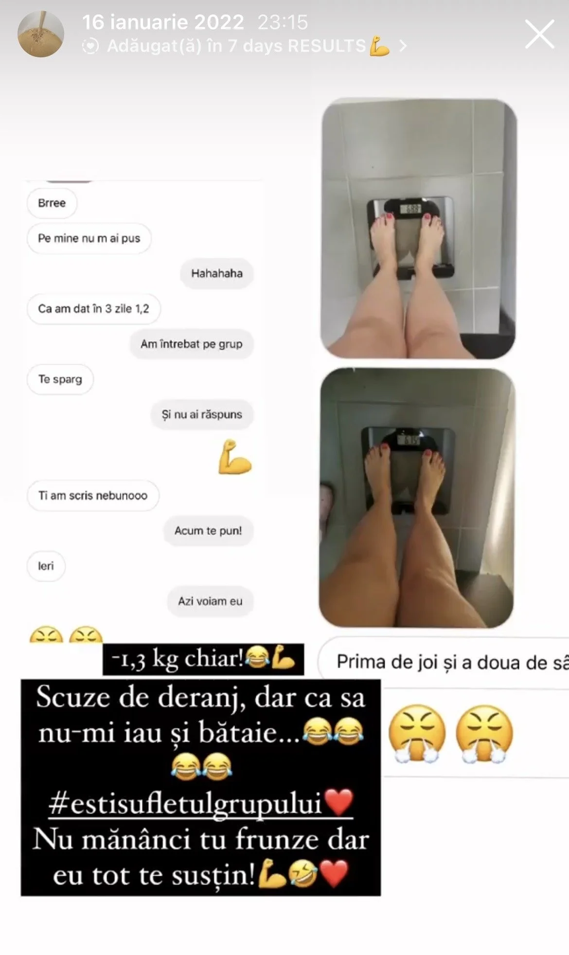 Two photos of a person weighing themselves on a digital bathroom scale, showing weight measurements. The photos are part of a chat conversation and a social media post expressing weight loss of 1.3 kg.