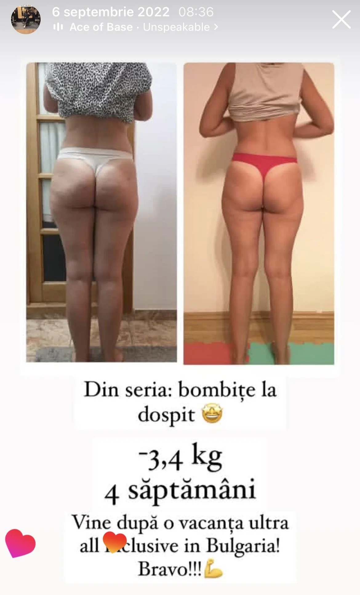 Side-by-side comparison of a woman's back before and after weight loss, with text in Romanian celebrating her achievement of losing 3.4 kilograms in 4 weeks after an ultra-all-inclusive vacation in Bulgaria.