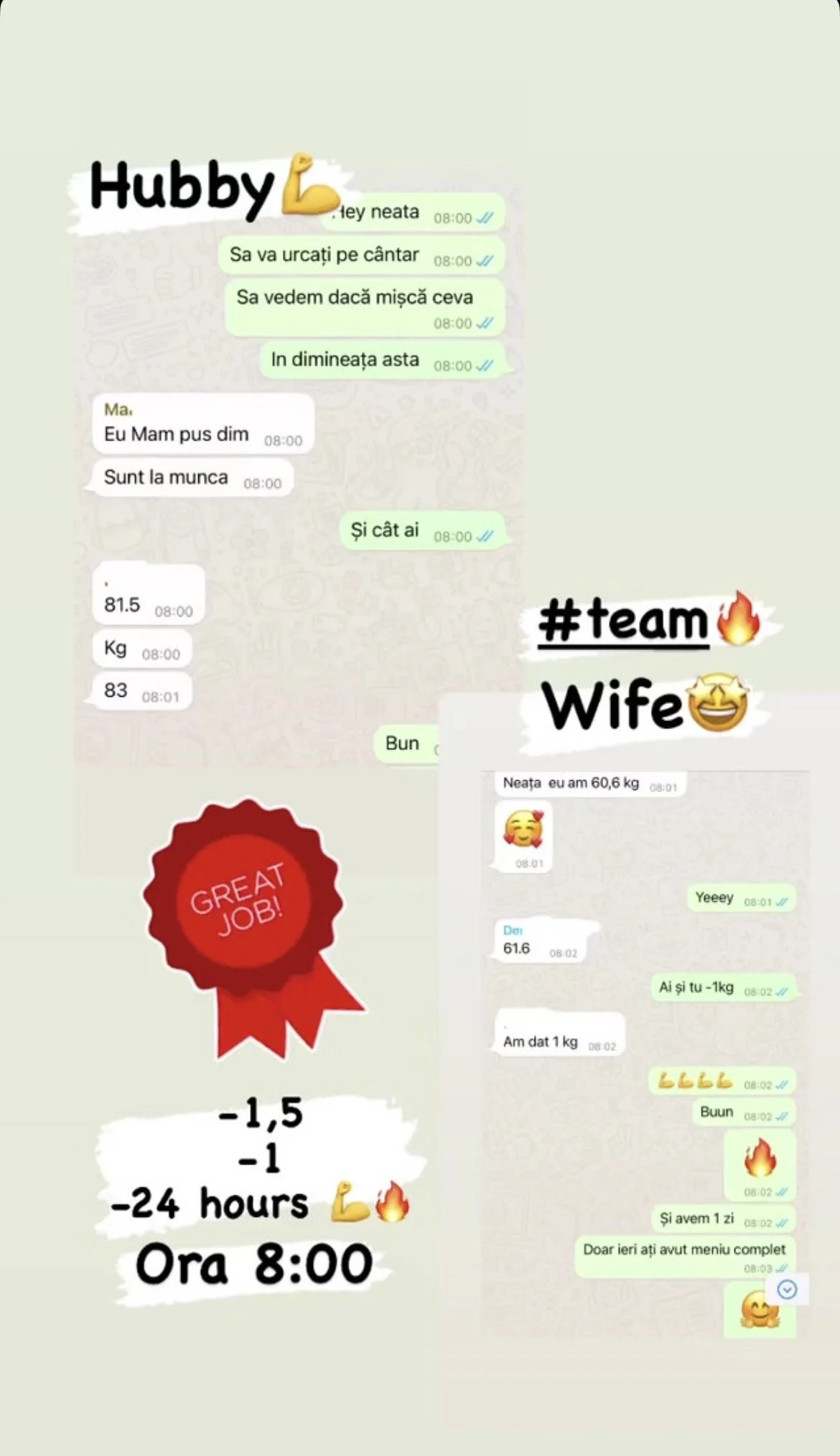 Screenshots of a WhatsApp conversation between a husband and wife discussing weight loss progress, with emoji decorations, stickers, and motivational messages.