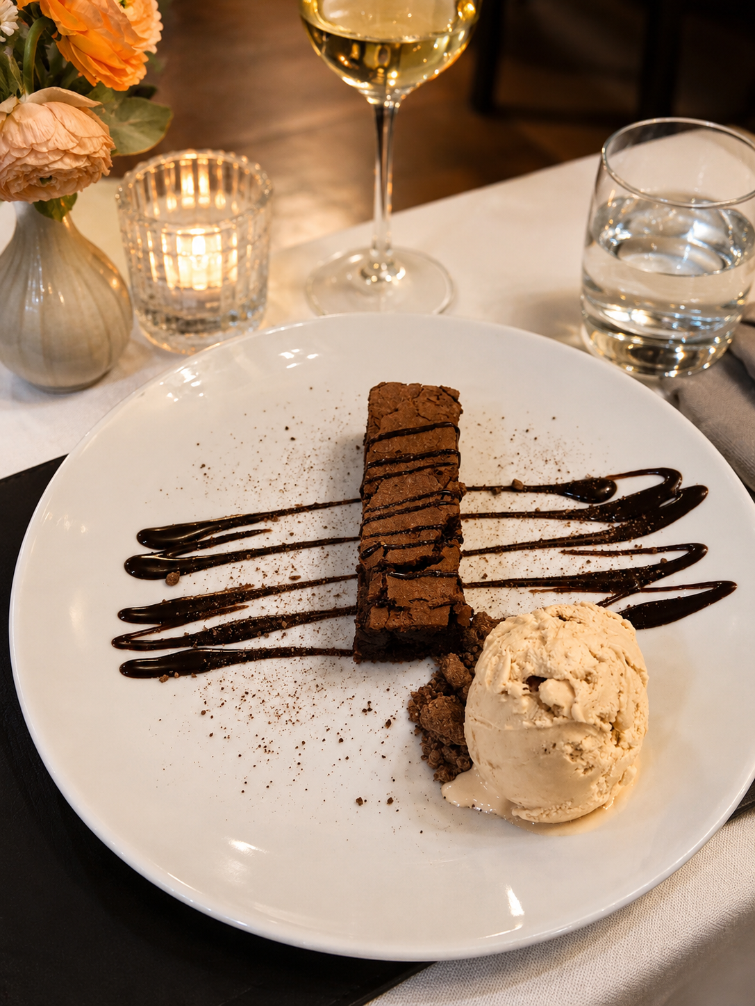 Slice of chocolate dessert with drizzle, sprinkles, a scoop of vanilla ice cream, and a dusty plate, set on a white plate on a table with a candle, glass of white wine, and a glass of water.