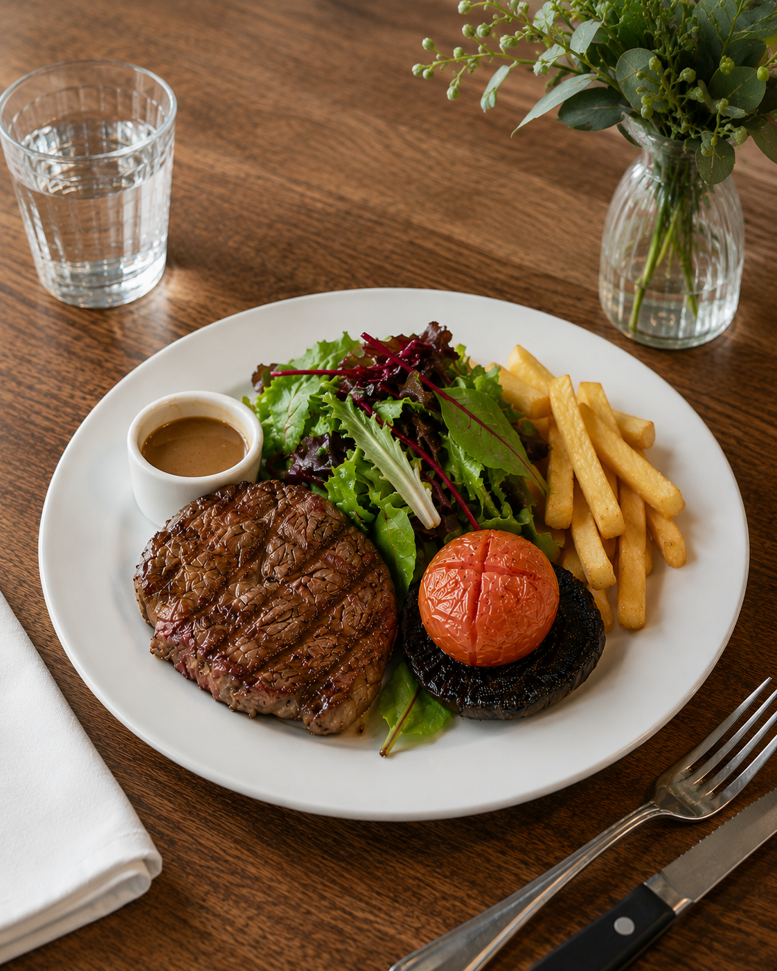 A plate with grilled steak, a side salad, French fries, and a roasted tomato, served with sauce in a small cup. A glass of water and a vase with greenery are on a wooden table.