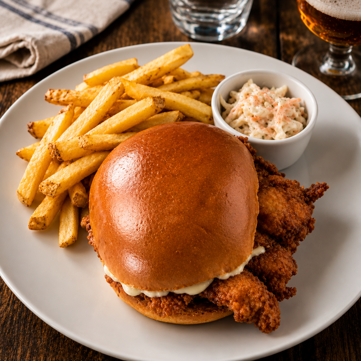 Fried chicken sandwich with french fries and coleslaw on a white plate, with a glass of soda and a glass of water in the background.